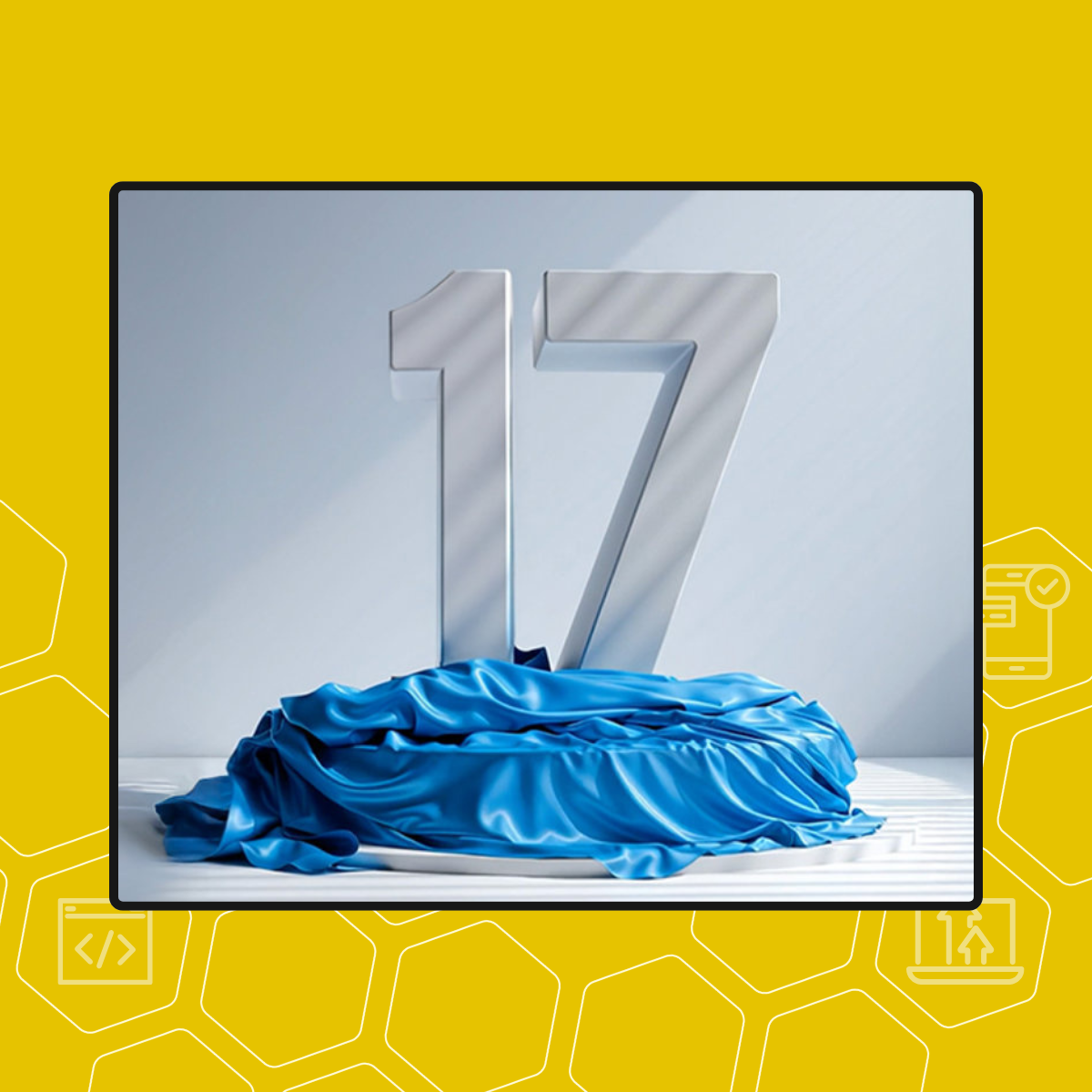 Umbraco 17 image, of the number 17 on a pedestal with blue cloth wrapped around the bottom of the pedestal
