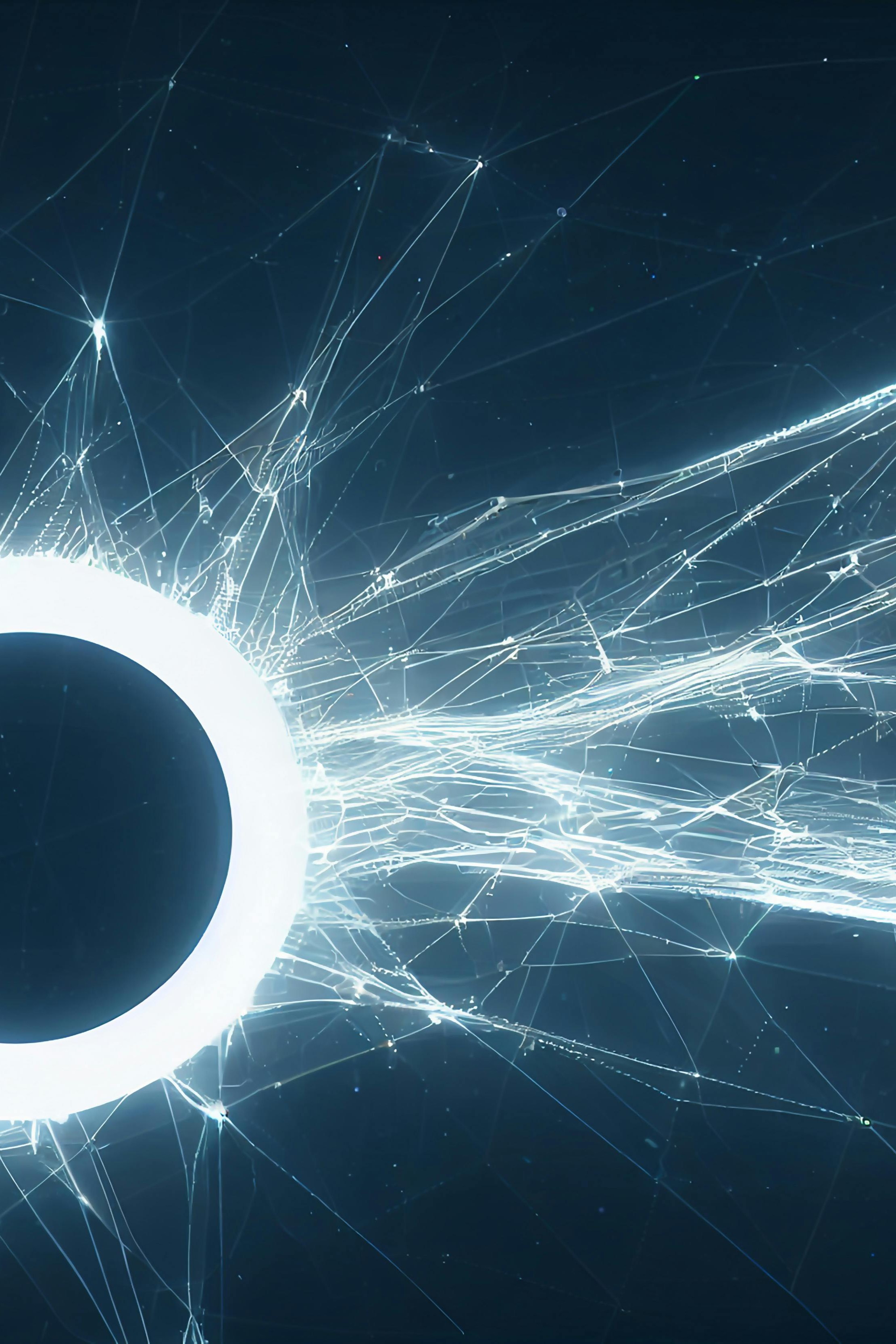A black hole with digital fractures and threads spidering outwards from it