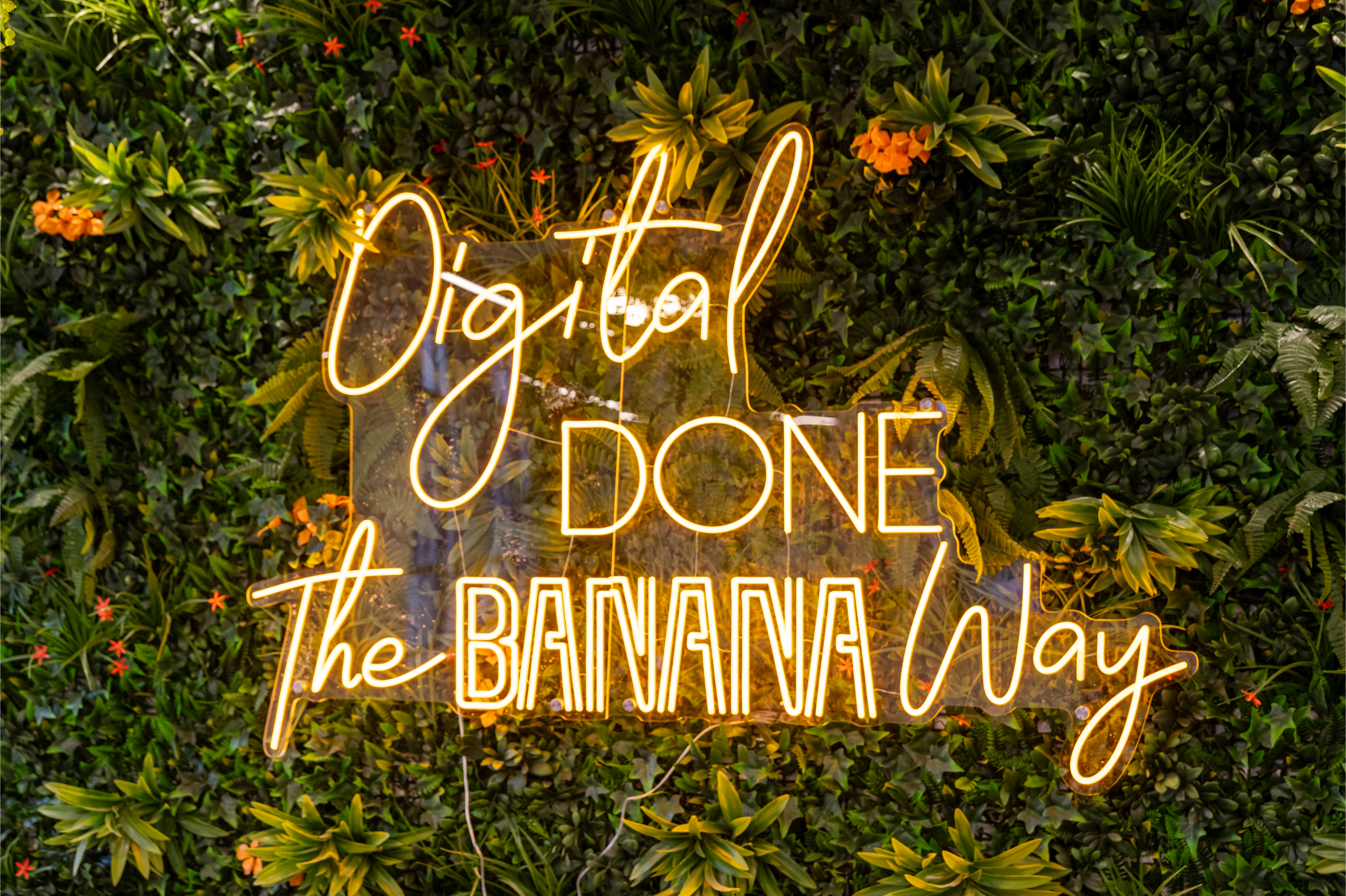 Cold Banana neon yellow sign reading "Digital Done the Banana Way"