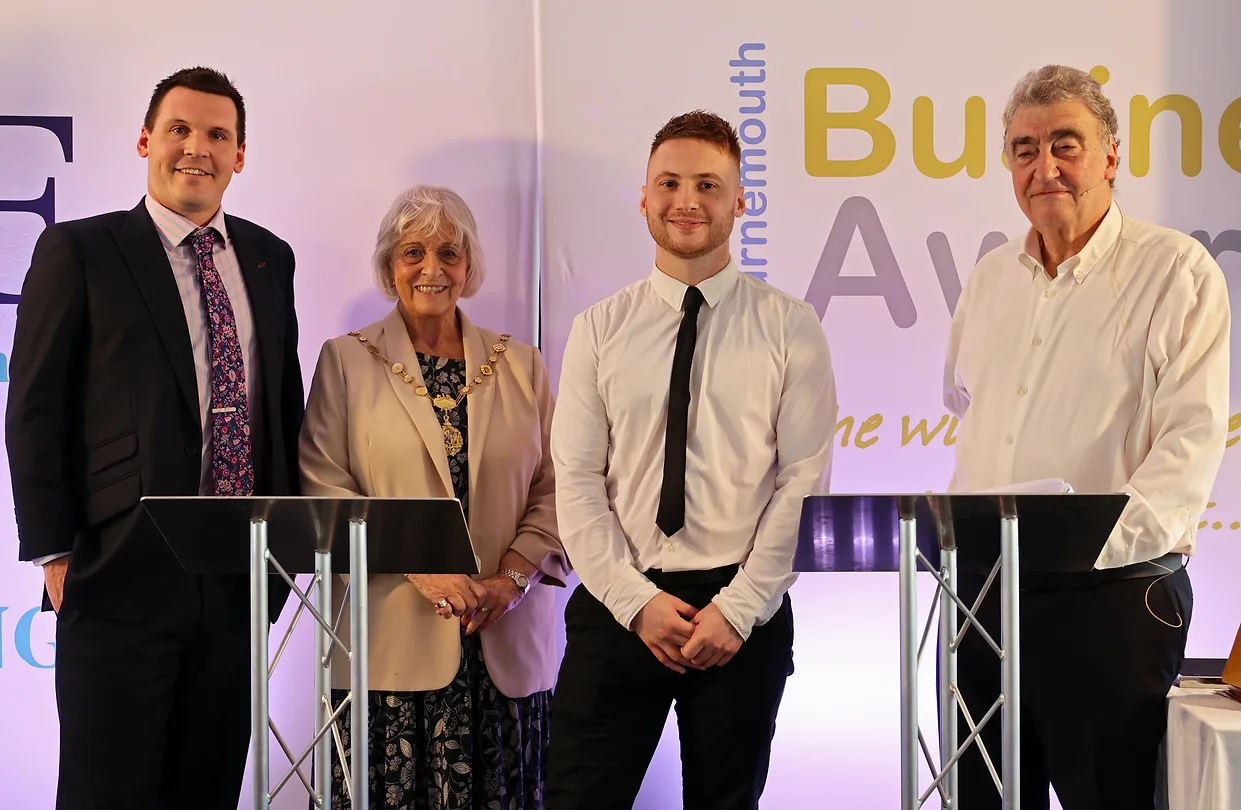 Cold Banana CEO Luke Fribbens, and Managing Director Ollie Storey on-stage at the Bournemouth Business Awards 2024