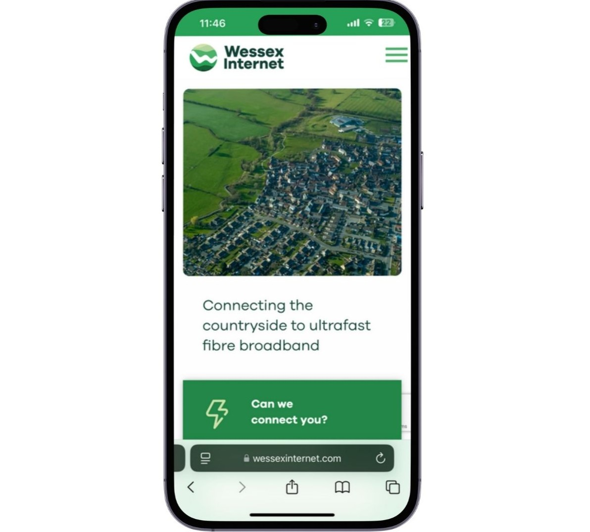 Wessex Internet's mobile website, with rural broadband content and a connection enquiry prompt.