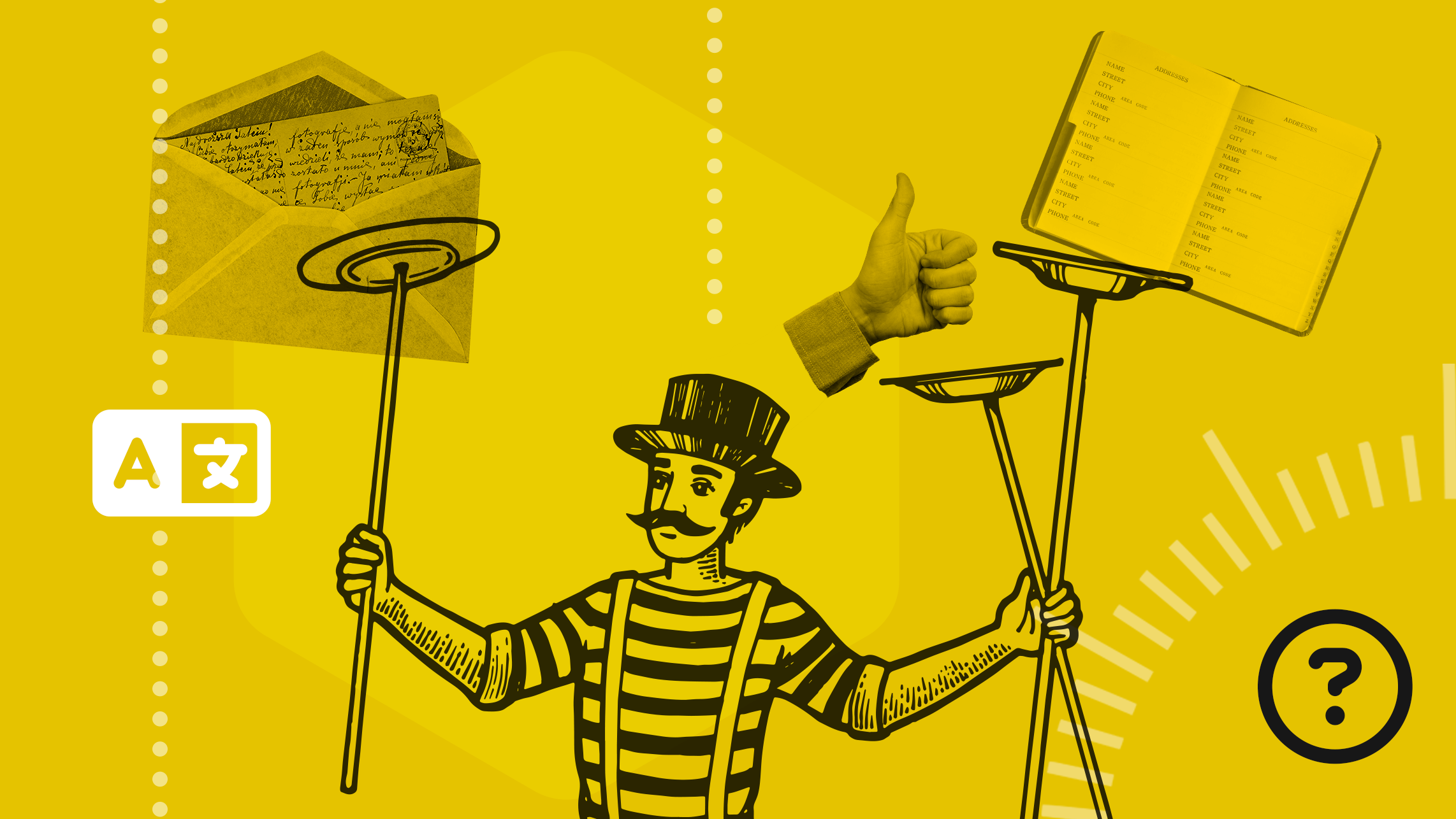 An artists rendition of a Victorian gentleman wearing a striped shirt and top hat spinning plates, with a planner in the top right and a handwritten letter in the top left.