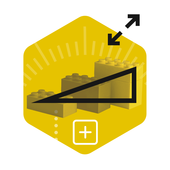 A stair of building blocks with a right angled triangle superimposed over them. This visual sits above a yellow hexagon.