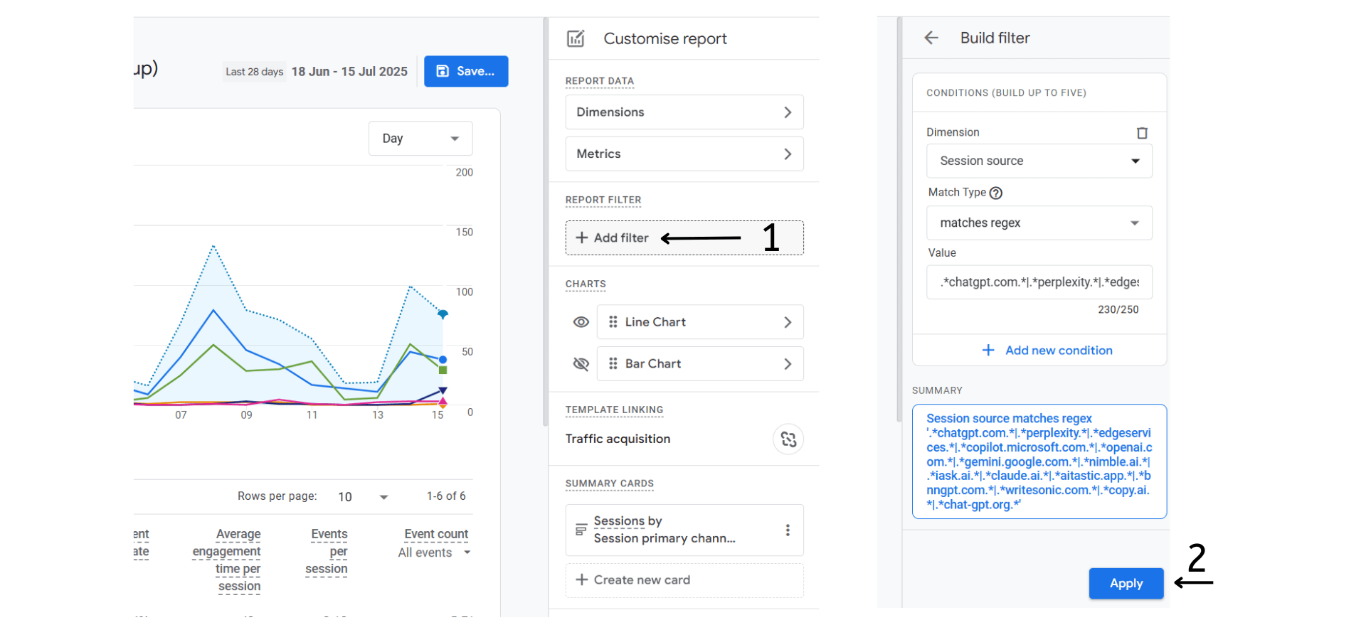 AI Traffic Acquisition in Google Analytics 4  - Add Filter and Apply Selection