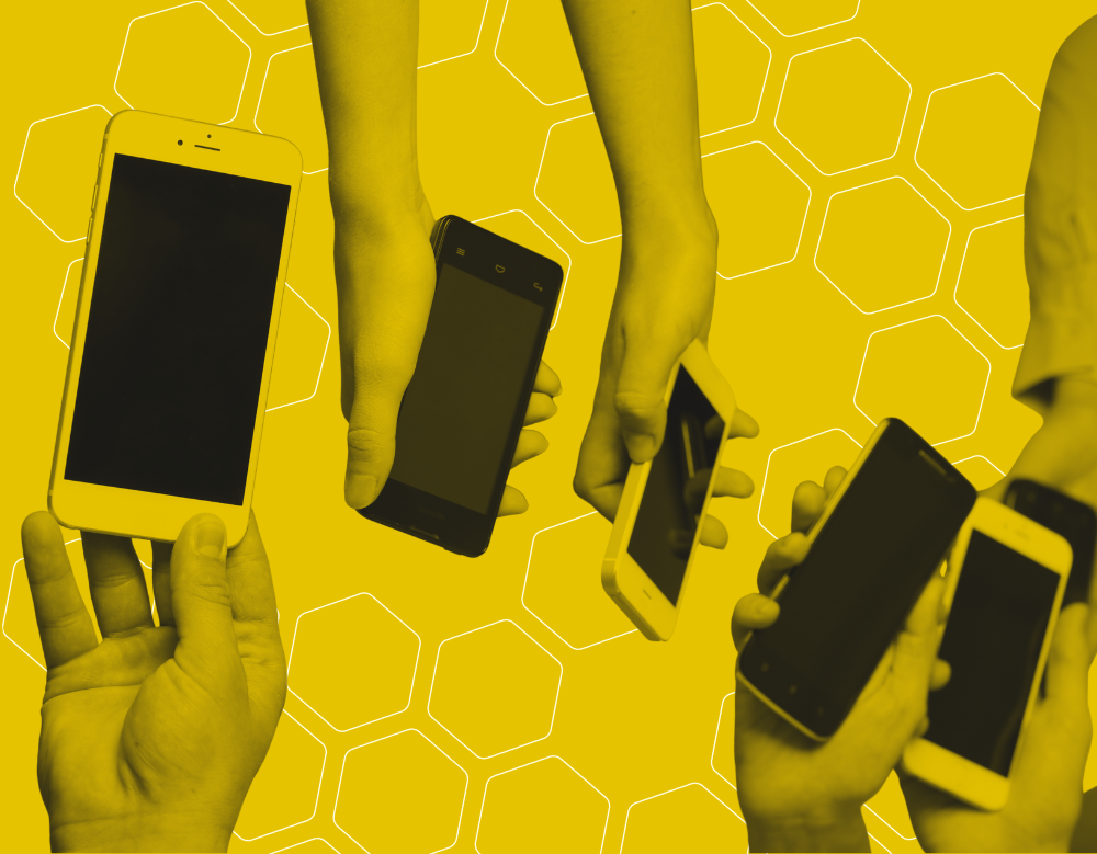 A black and yellow graphic of several people holding different smartphones next to each other