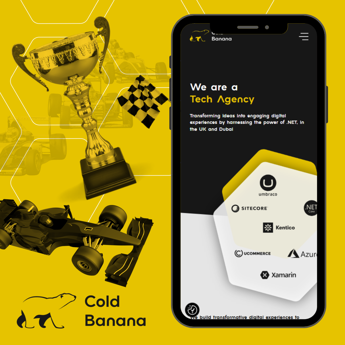 A graphic with a racecar in the lead winning a golden trophy, and a smartphone on the right with the Cold Banana website  homepage open,
