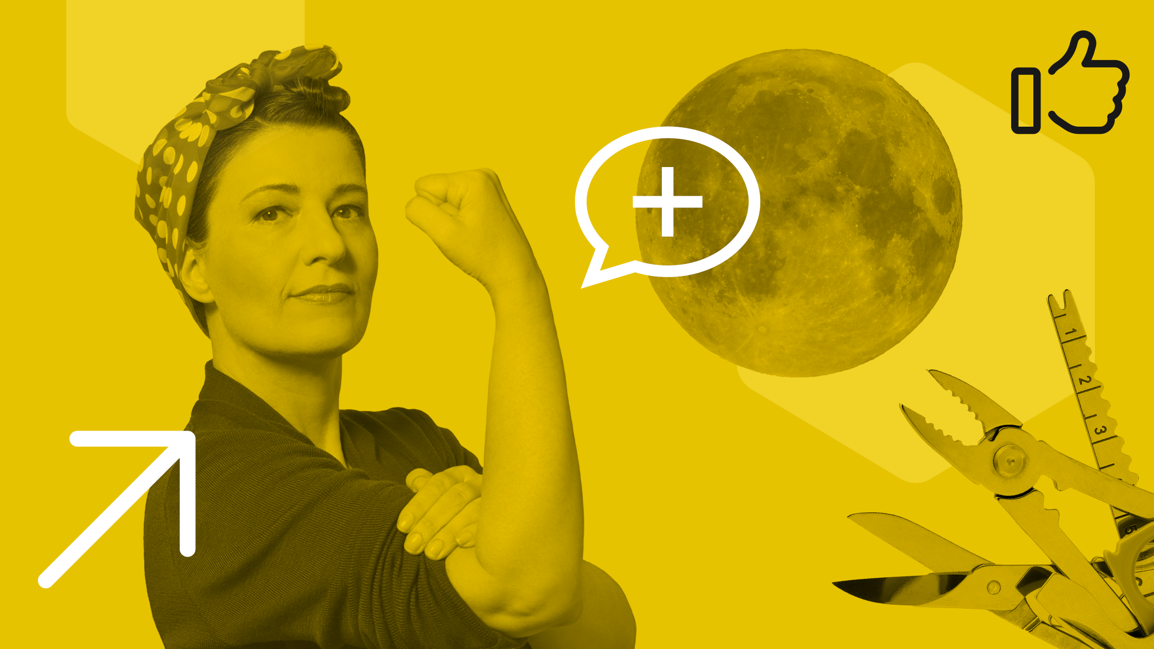 A woman in the pose of the "We Can Do It" WW2 wartime poster, with a moon and a multitool in the background.