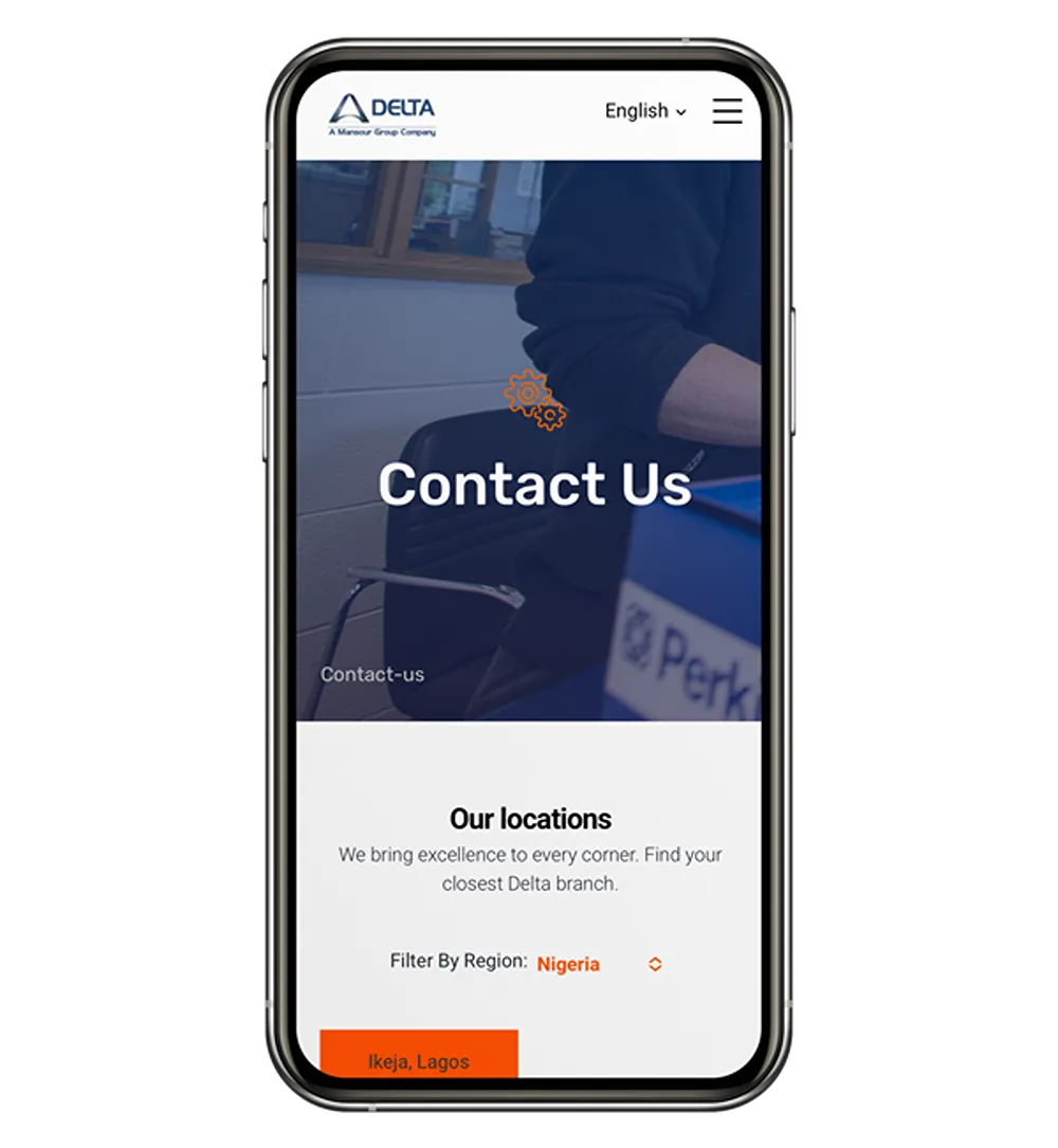 Delta's Contact Us page on a phone, with a regional filter and branch information.