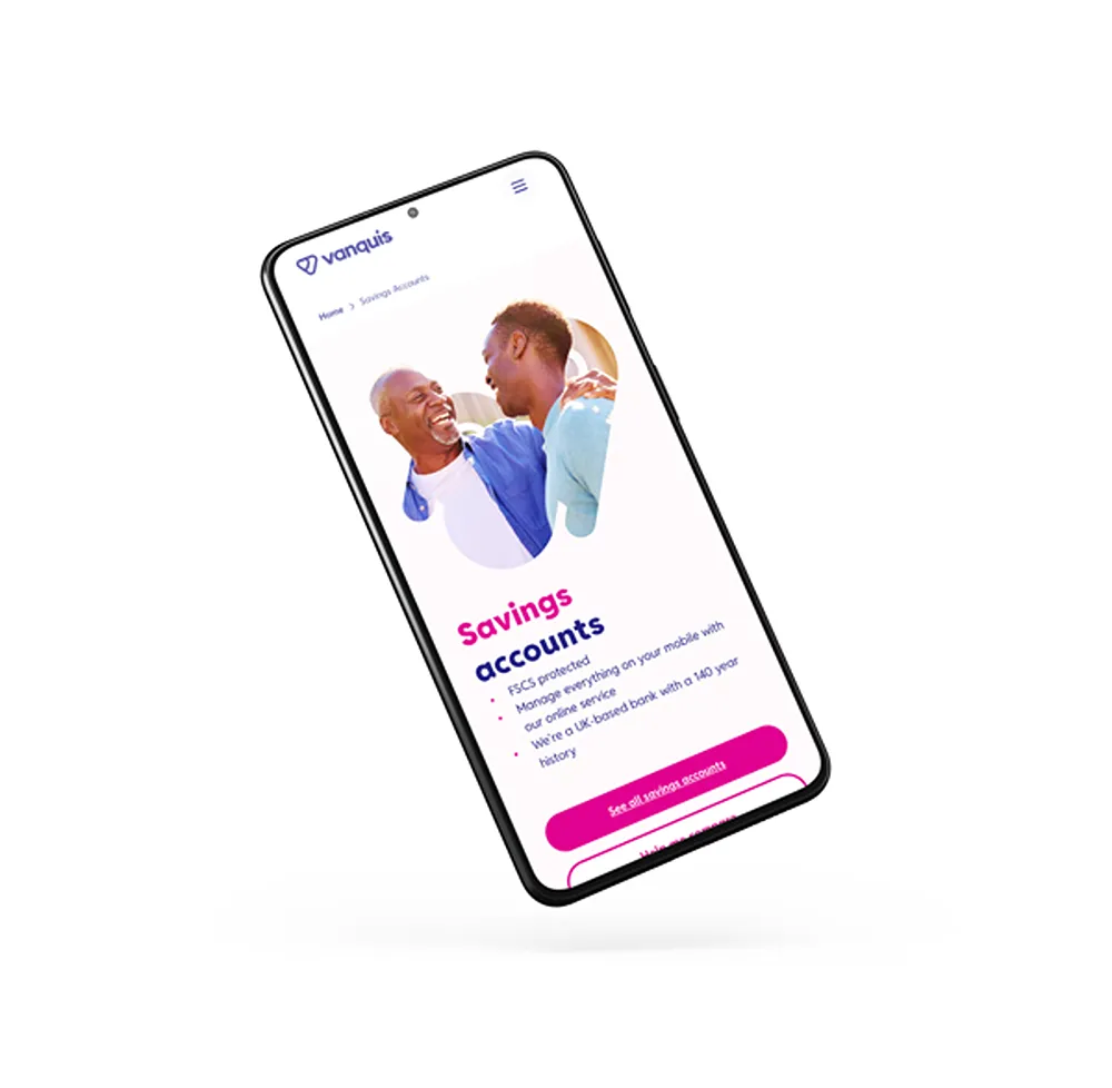 Vanquis' Savings Accounts page on a phone, with a link to view account options.
