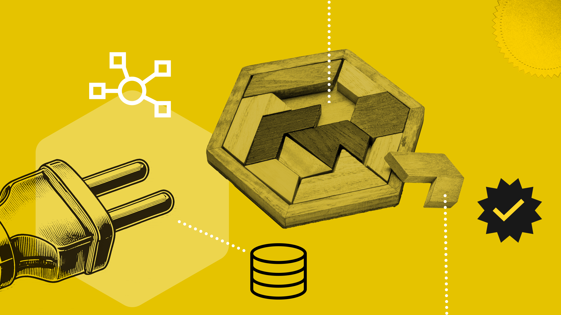 A wooden puzzle surrounded by different black icons (a network, a 2 prong plug socket, a stack of coins and a tick checkmark)