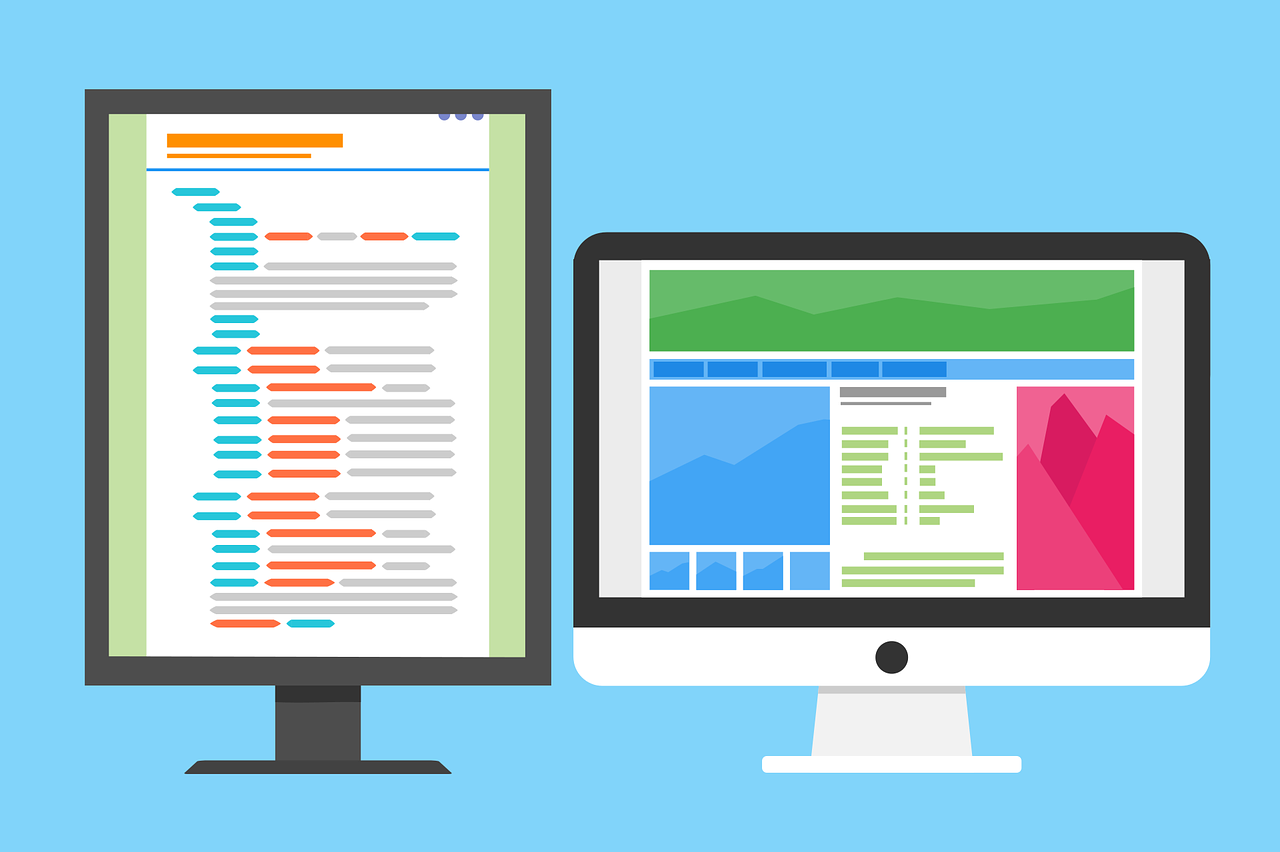 A decorative graphic showing vertical and horizontal desktops with mock code and website respectively.