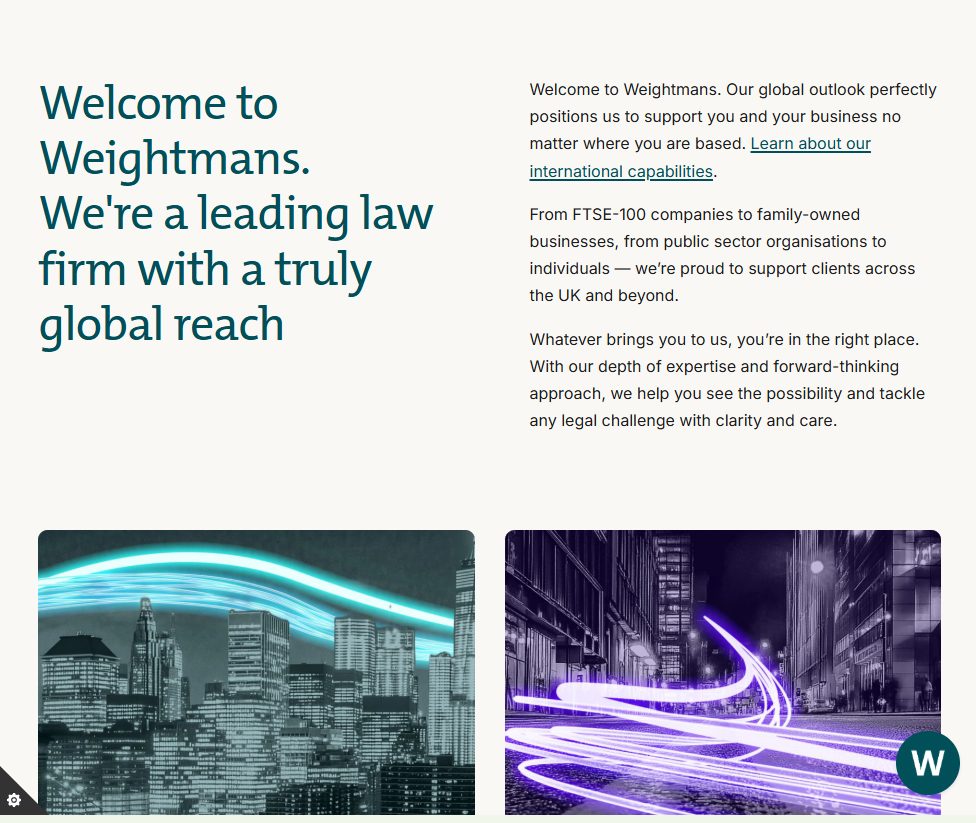 The Weightmans homepage, with the heading Welcome to Weightmans and a short introduction to the firm.
