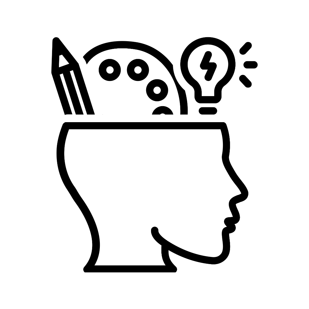 A black icon of a person's head with a pencil, art pallet, and lightbulb above their head