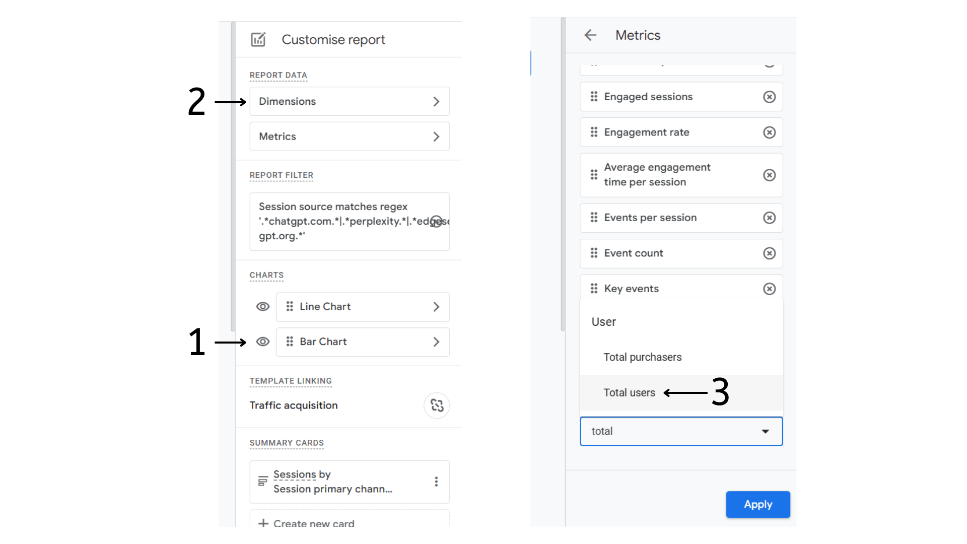 AI Traffic Acquisition in Google Analytics 4  - Bar Chart, Dimensions and Total Users Selection
