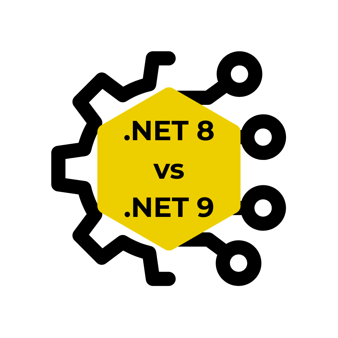 A light yellow hexagon with the words ".NET 8 vs .NET 9" centred within it.