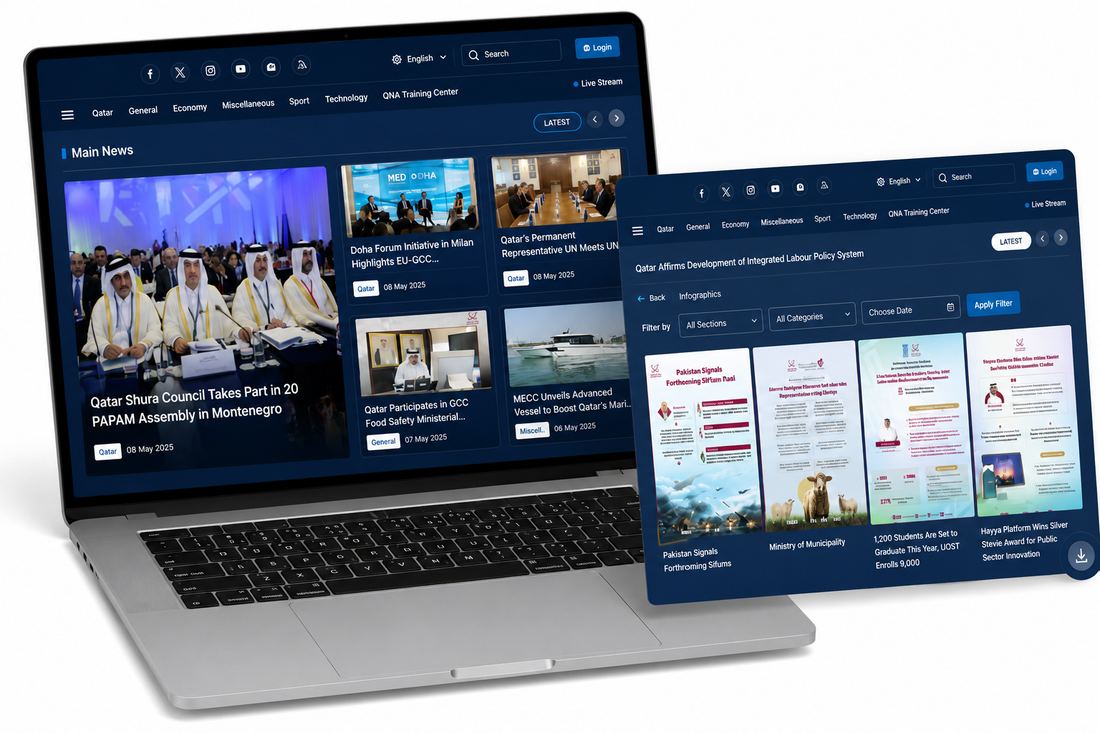 A news website on a laptop and a tablet, showing story cards and infographics.