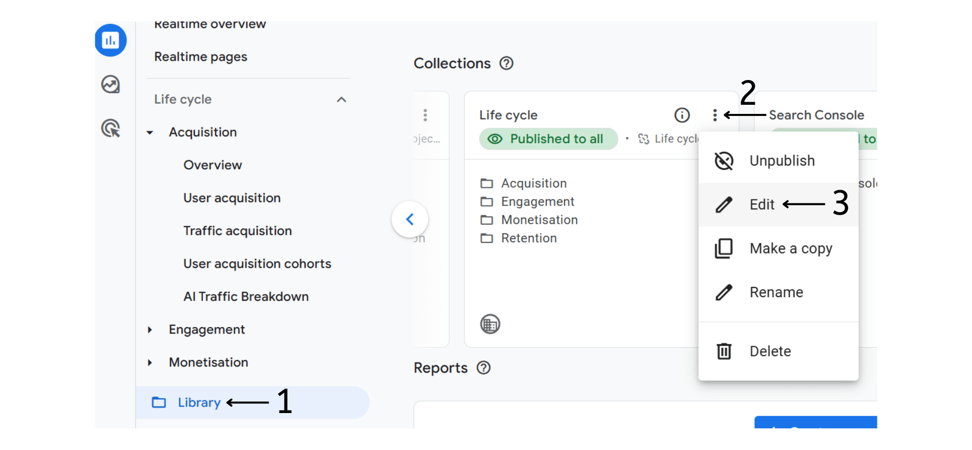 AI Traffic Acquisition in Google Analytics 4  - Library, Three vertical dots and Edit selection