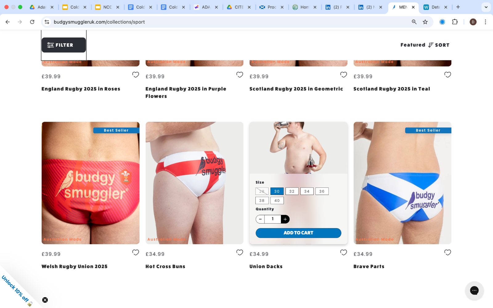 Budgy Smuggler rugby swimwear on a collection page, with sizes and an add to cart button on the product.
