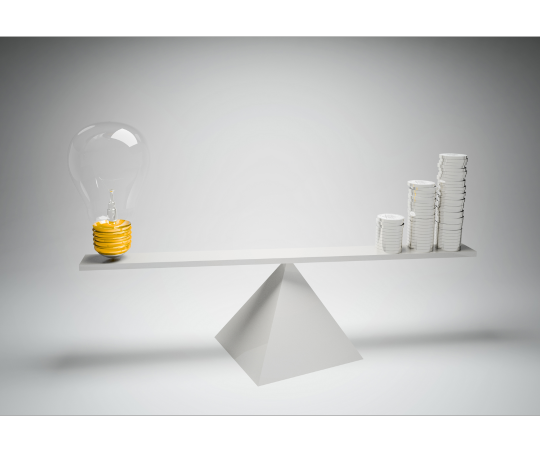 A 3D render of a seesaw on a pyramid with a lightbulb on one end and a stack of coins on the other