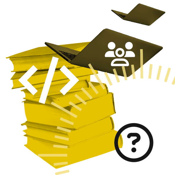 Icon of a yellow stack of books surrounded by laptops, rich text editor </> symbol, and a question mark