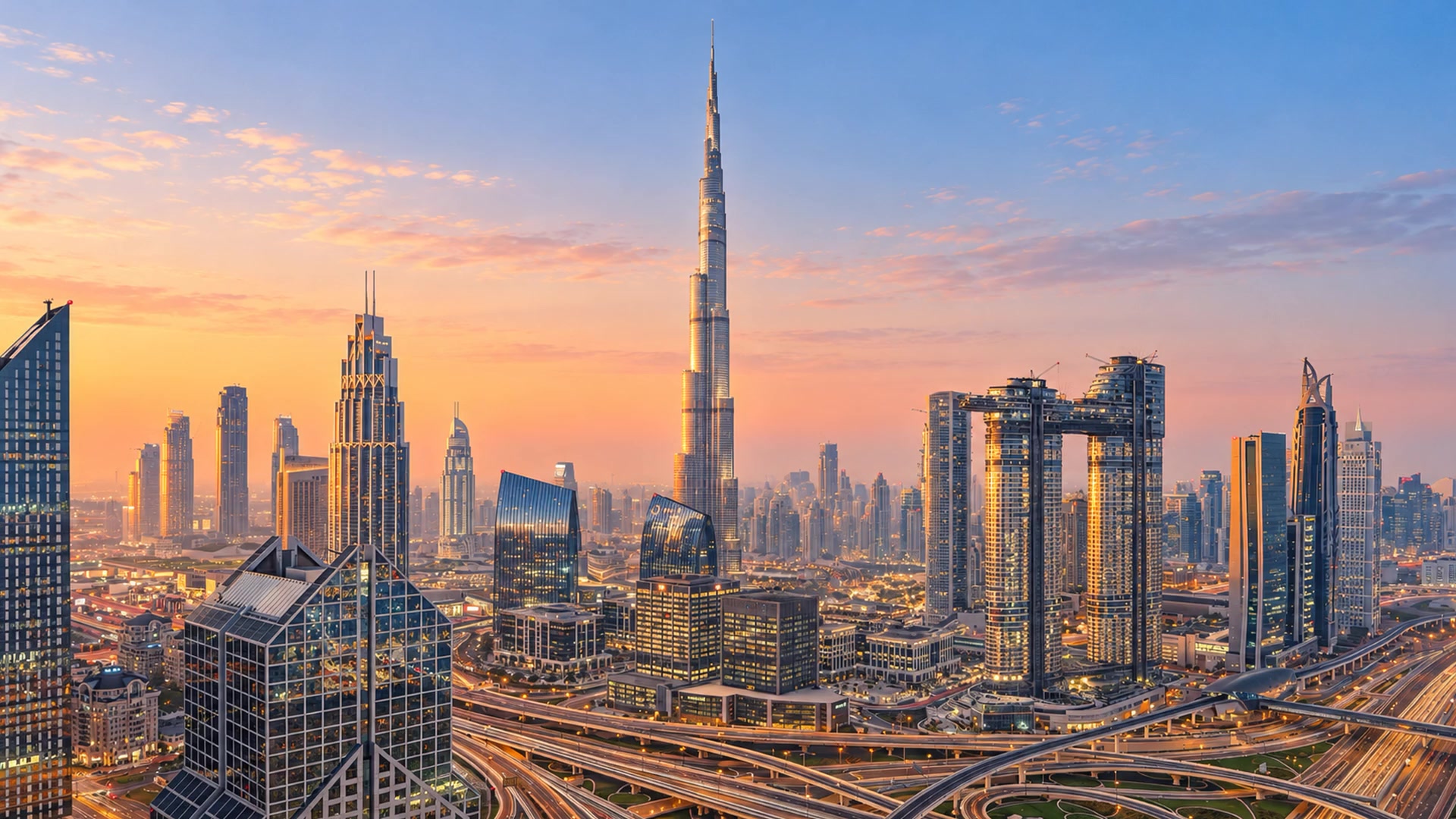Dubai’s skyline and Sheikh Zayed Road at blue hour