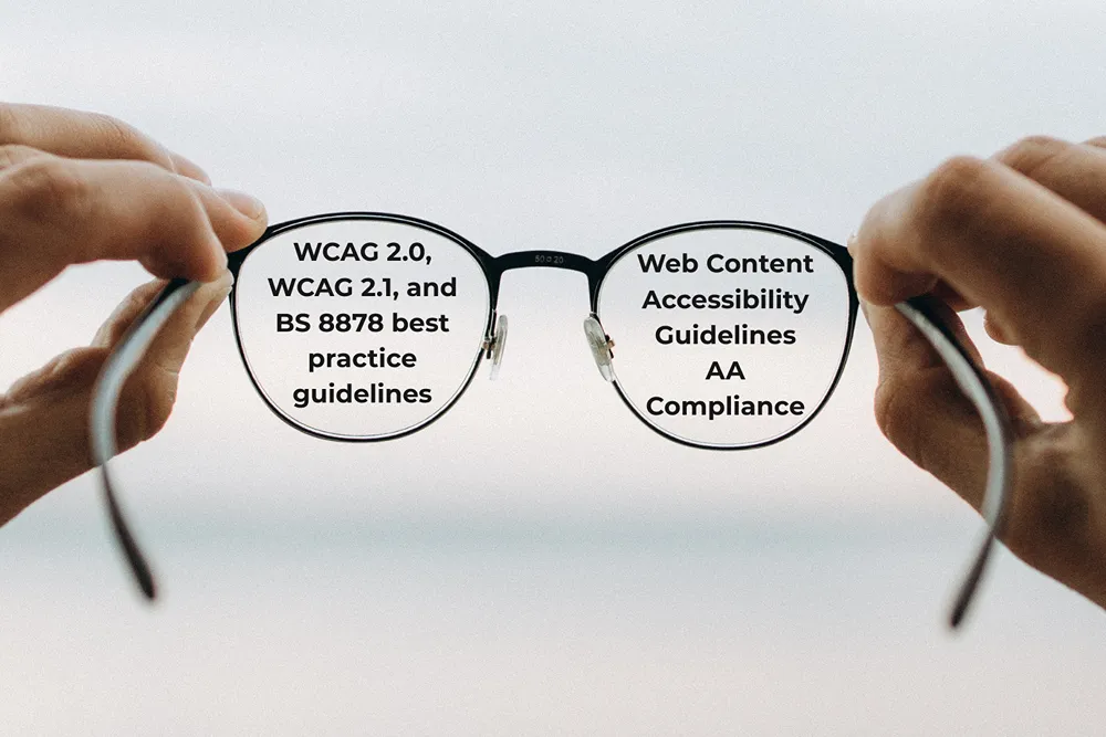 A POV shot of a person holding a pair of eyeglasses in front of their face. Text in the left lense reads "WCAG 2.0, WCAG 2.1, and BS 8878 best practice guidelines". Text in the right lense reads "Web Content Accessibility Guidelines AA Compliance"
