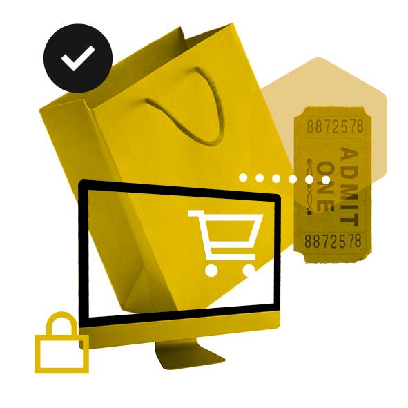 A desktop monitor with a yellow shopping bag and cinema ticket stub.