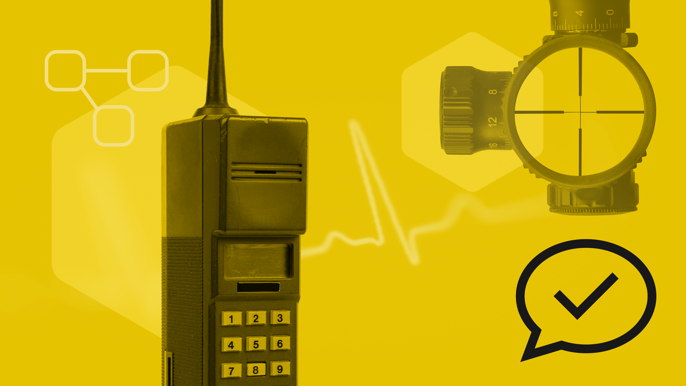 A mobile phone from the 1980's, with surrounding communication graphics