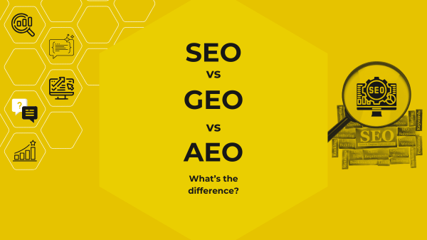 SEO vs GEO vs AEO Blog Card with a Yellow Background. The text on the blog card reads "SEO vs GEO vs AEO What's the difference?"