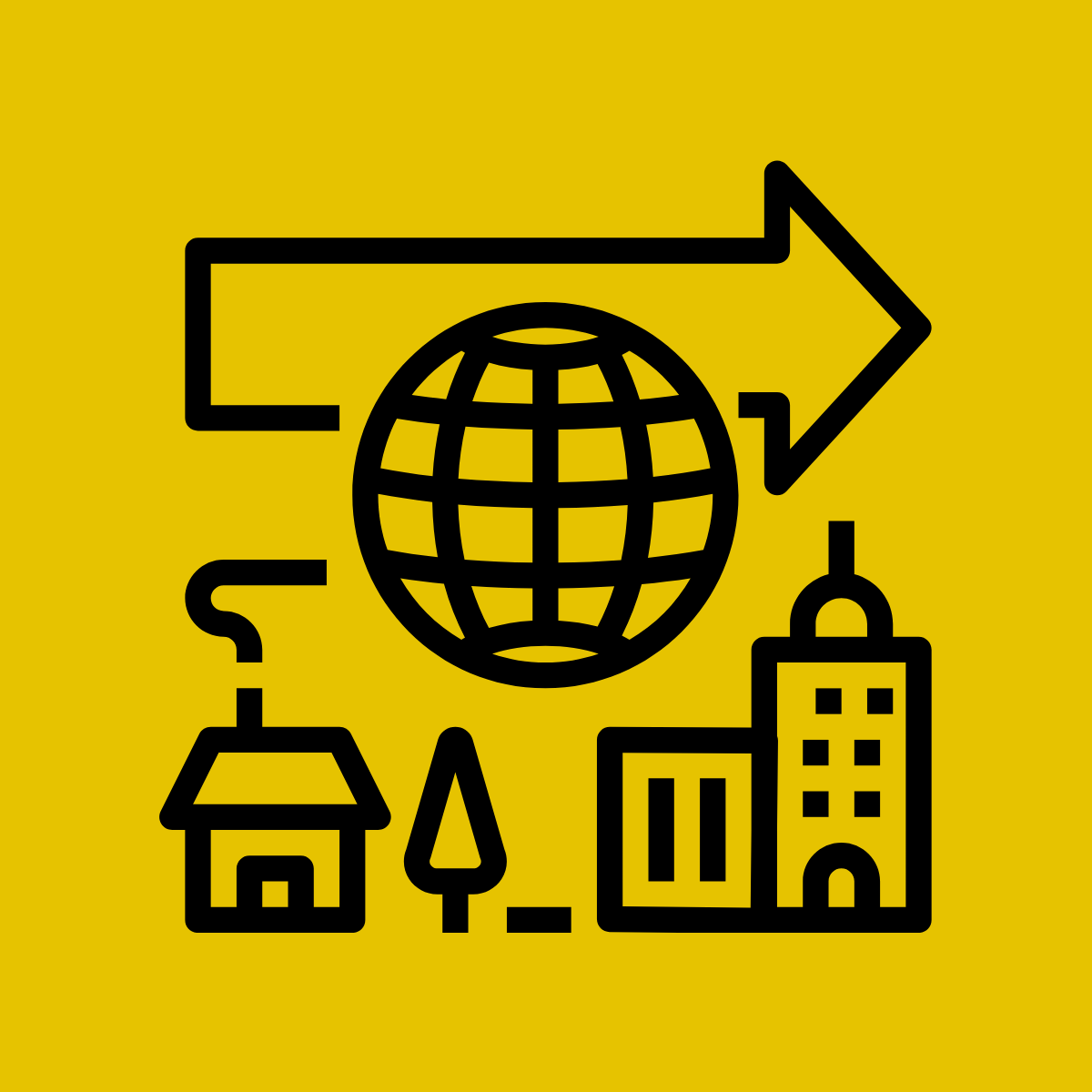 An icon of a house and a tree on the left to a highrise building on the right, with an internet symbol above it, and an arrow pointing left to right as a symbol of modernisation.