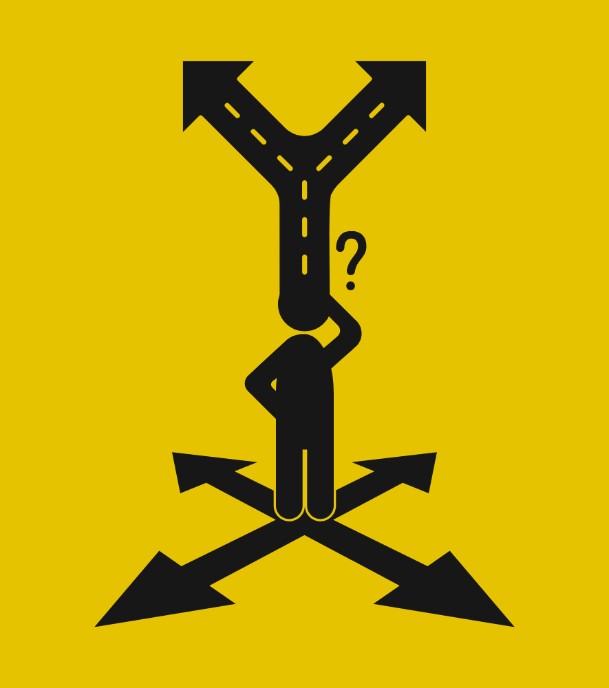 An icon of a person confused with different arrows and pathways pointing in different directions.