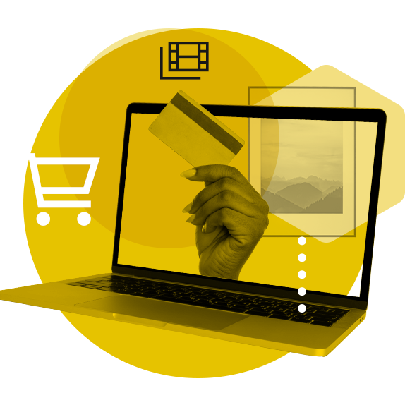 Ecommerce Icon with a hand holding a credit card reaching out of a laptop