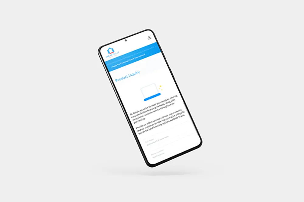 Amlak International's Product Inquiry page on a phone, with introductory text and enquiry fields.
