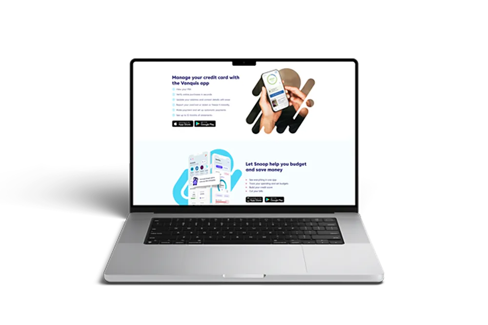 Vanquis' app information page on a laptop, featuring credit card management and budgeting app sections.