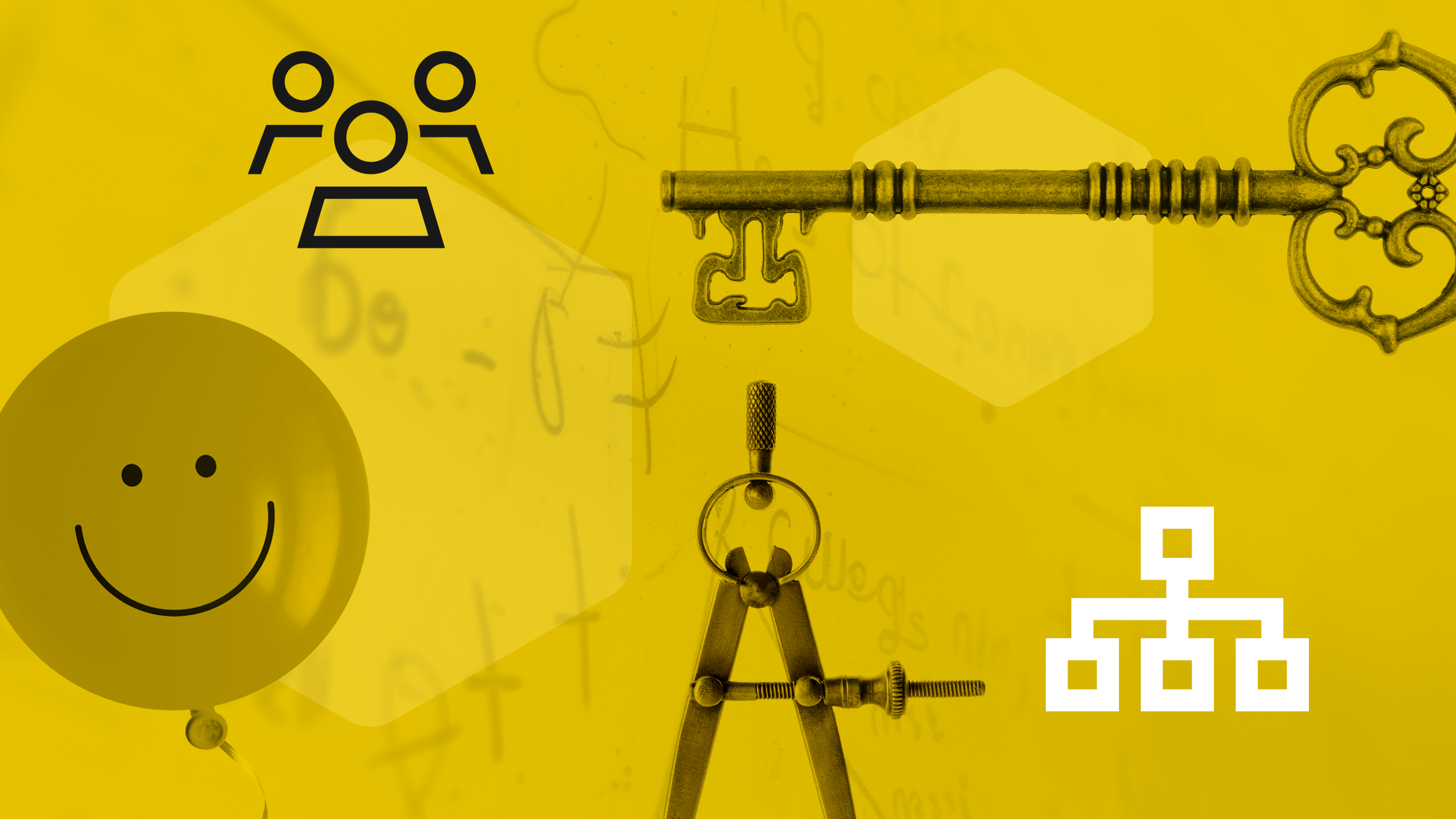 A graphic with a traditional key, a compass, a balloon with a smiley face, and a whiteboard background.