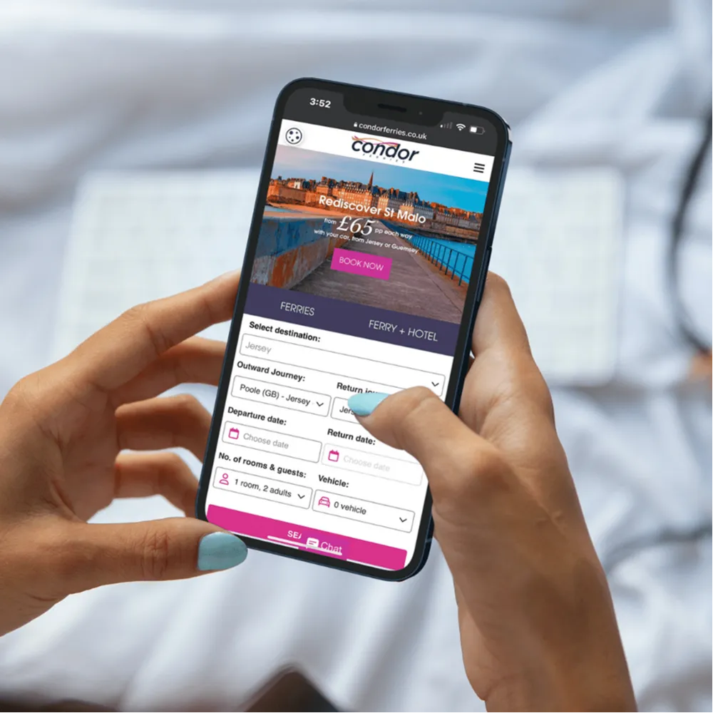 Condor Ferries' mobile booking interface, with destination, journey dates, guests and vehicle fields.