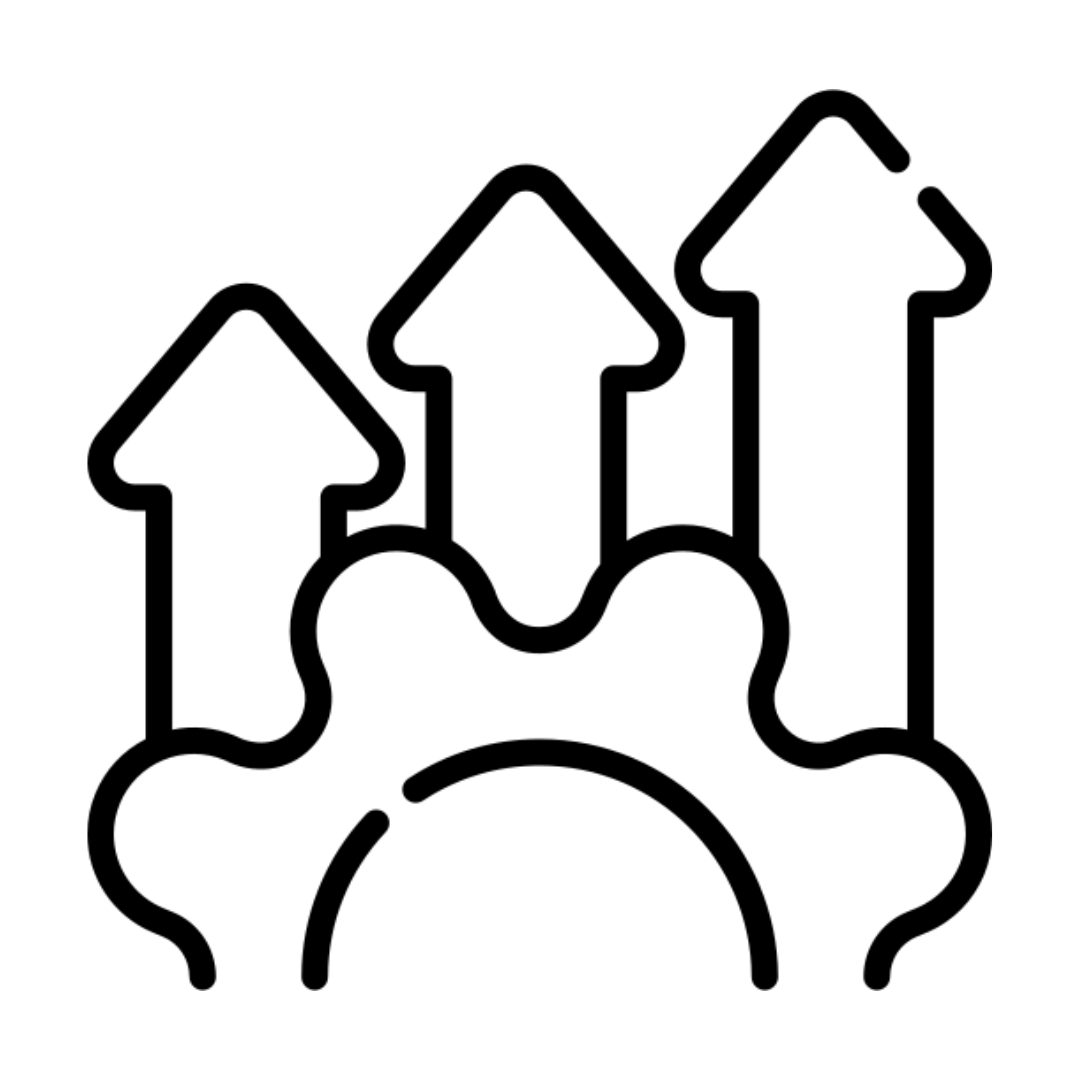 An icon with half a cog at the bottom of the graphic with three upward arrows increasing in height from left to right