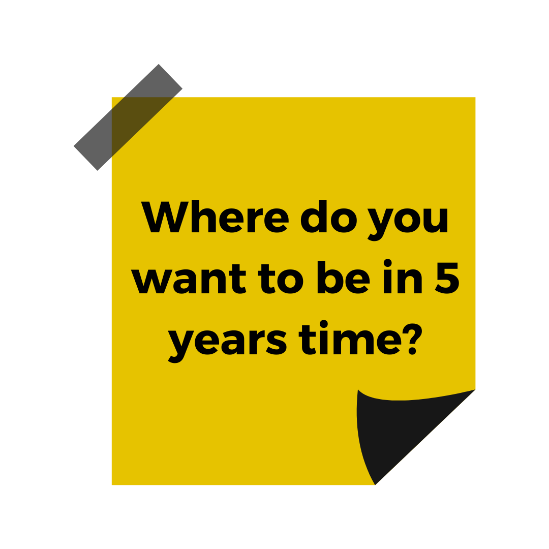A yellow sticky note featuring the words 'Where do you want to be in 5 years time?'