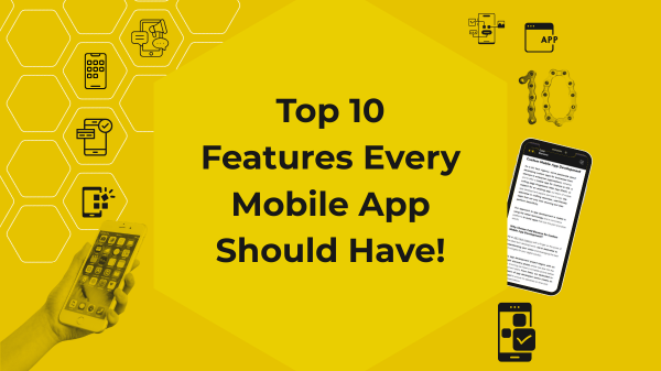 Cold Banana black and yellow blog card reading "Top 10 Features Every Mobile App Should Have!"