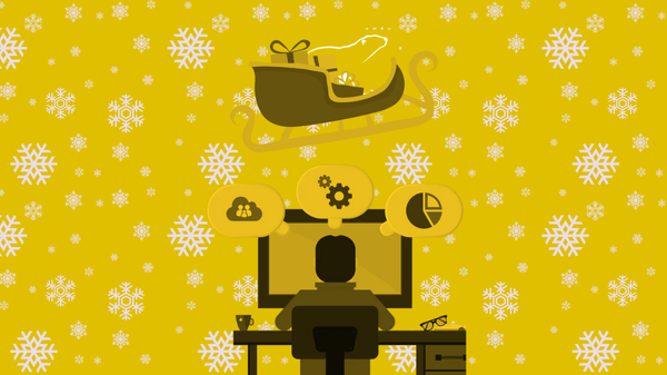 A programmer at a desktop with thought bubbles with different icons representing things to consider when delivering web performance marketing. The background features a cartoon representation of falling snow, with the Cold Banana polar bear glyph in a sleigh with presents overhead.