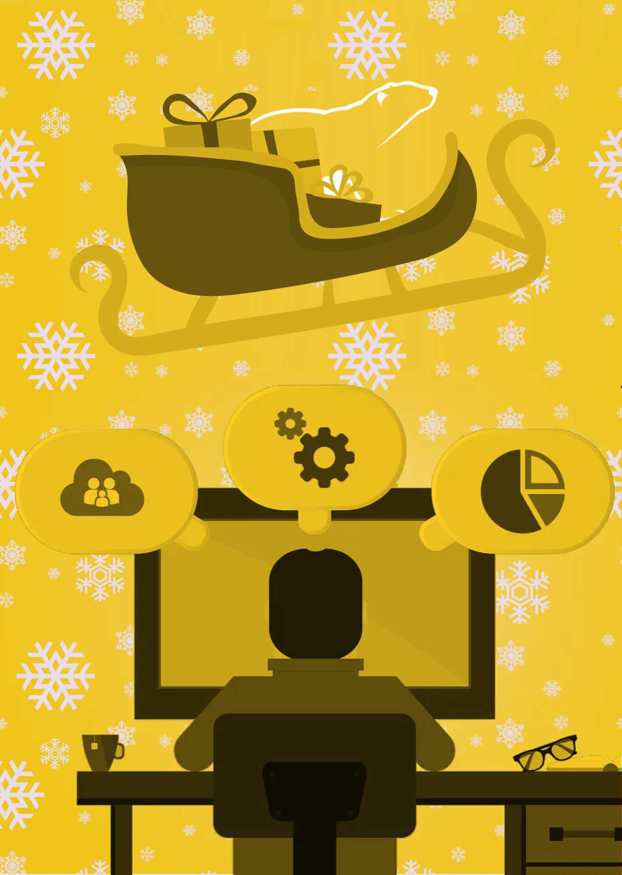 A programmer at a desktop with thought bubbles with different icons representing things to consider when delivering web performance marketing. The background features a cartoon representation of falling snow, with the Cold Banana polar bear glyph in a sleigh with presents overhead.