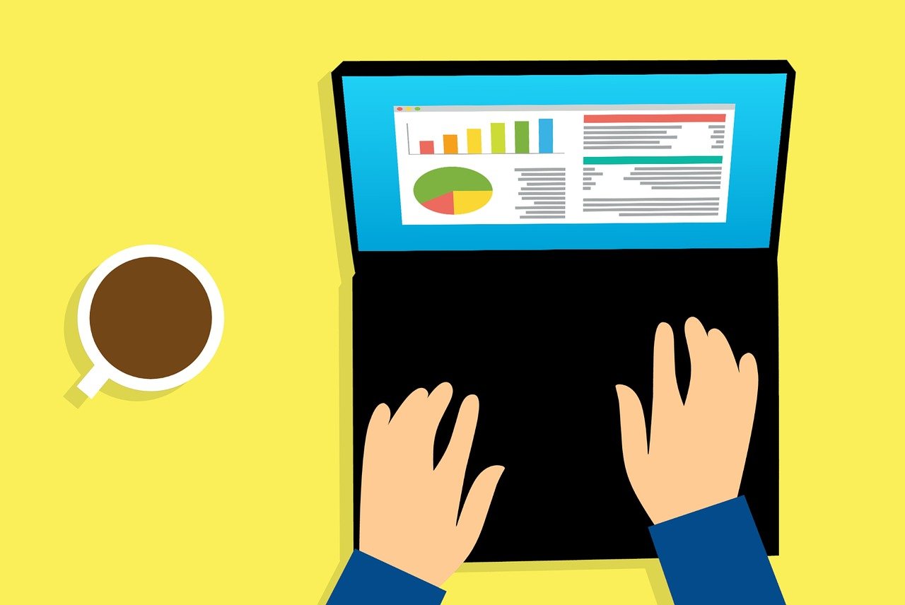 A top down illustration of a man analysing data on a laptop, with a hot drink to the left of the laptop.