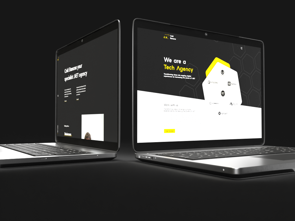 Two laptops back to back with the Cold Banana website homepage open.