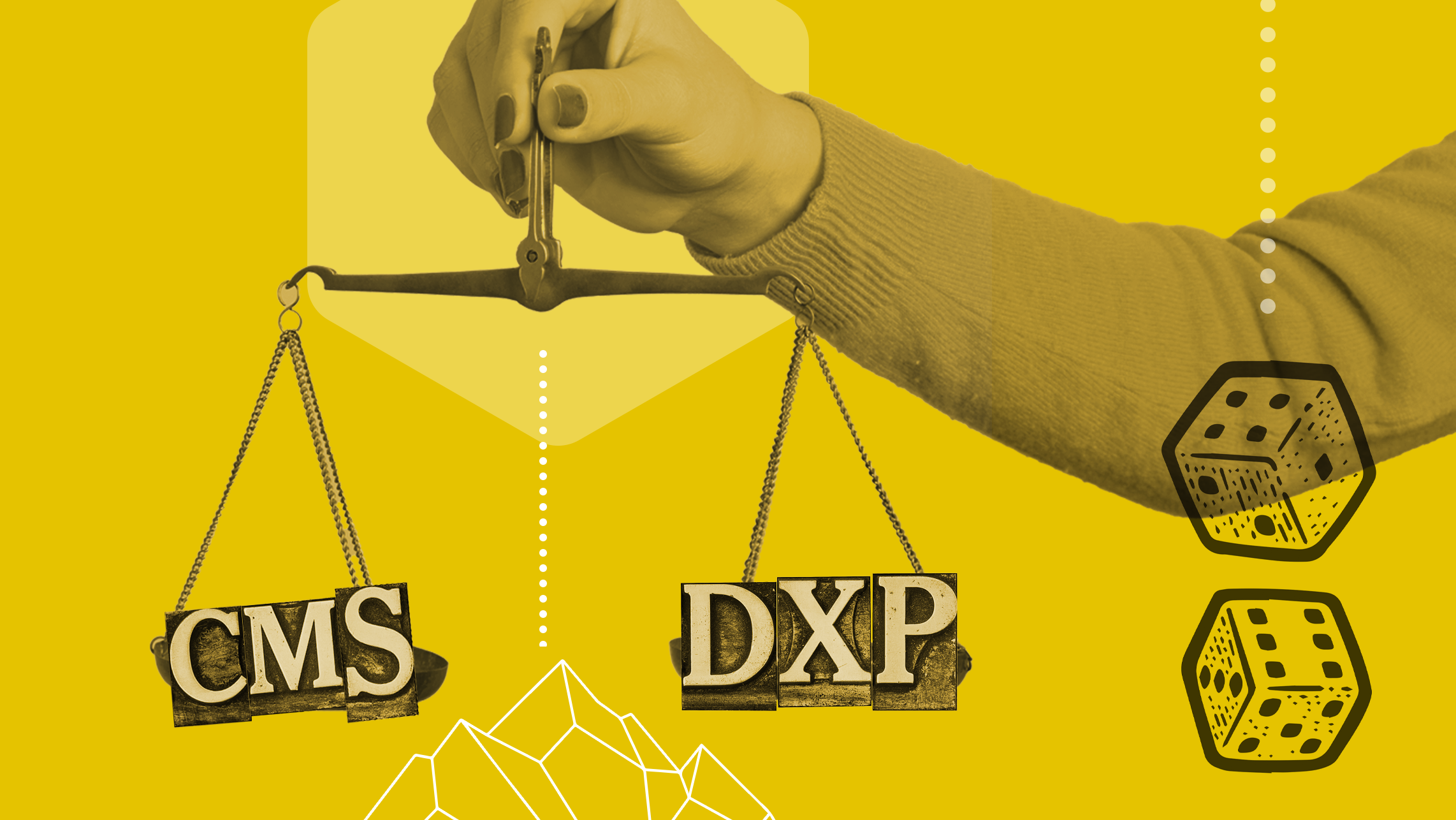 A person holding a set of traditional scales with letterpress blocks spelling "CMS" on the left weighing pan, and "DXP" on the right weighing pan.