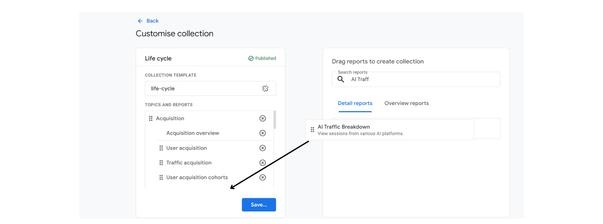 AI Traffic Acquisition in Google Analytics 4  - Transfer of AI Traffic Breakdown to Life Cycle section of Customise Collection Window