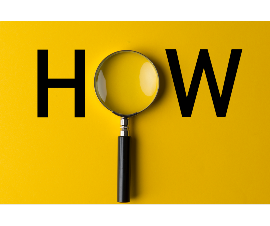"How" in black text on a yellow background, with the "o" of "How" replaced with the lense of a magnifying glass