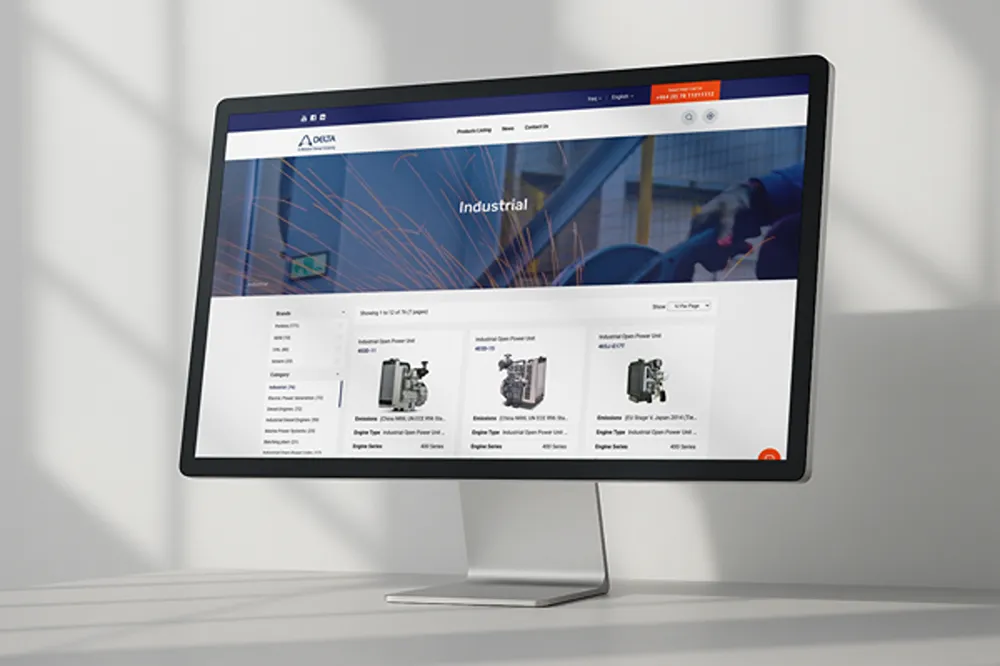 Delta's industrial product catalogue on a desktop monitor, showing filters and product cards.