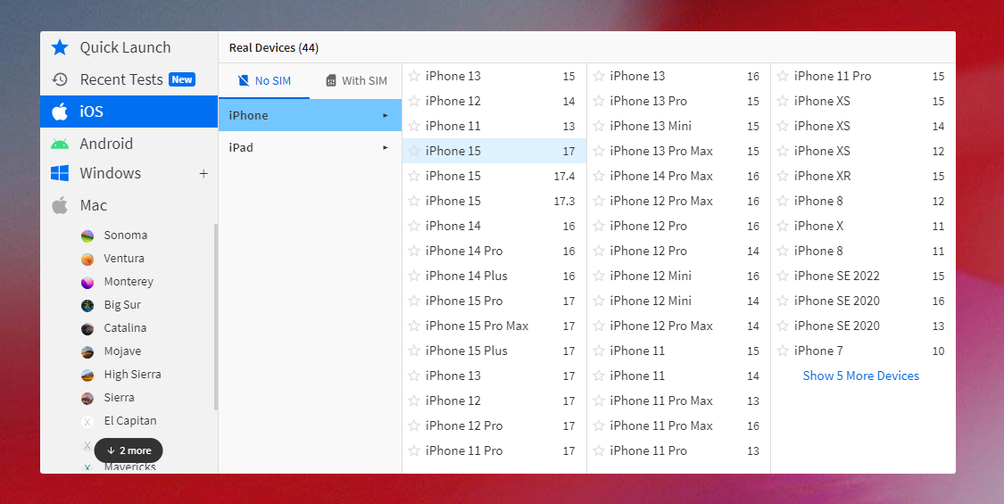 A screenshot of a GUI with "iOS => iPhone => iPhone 15" selected