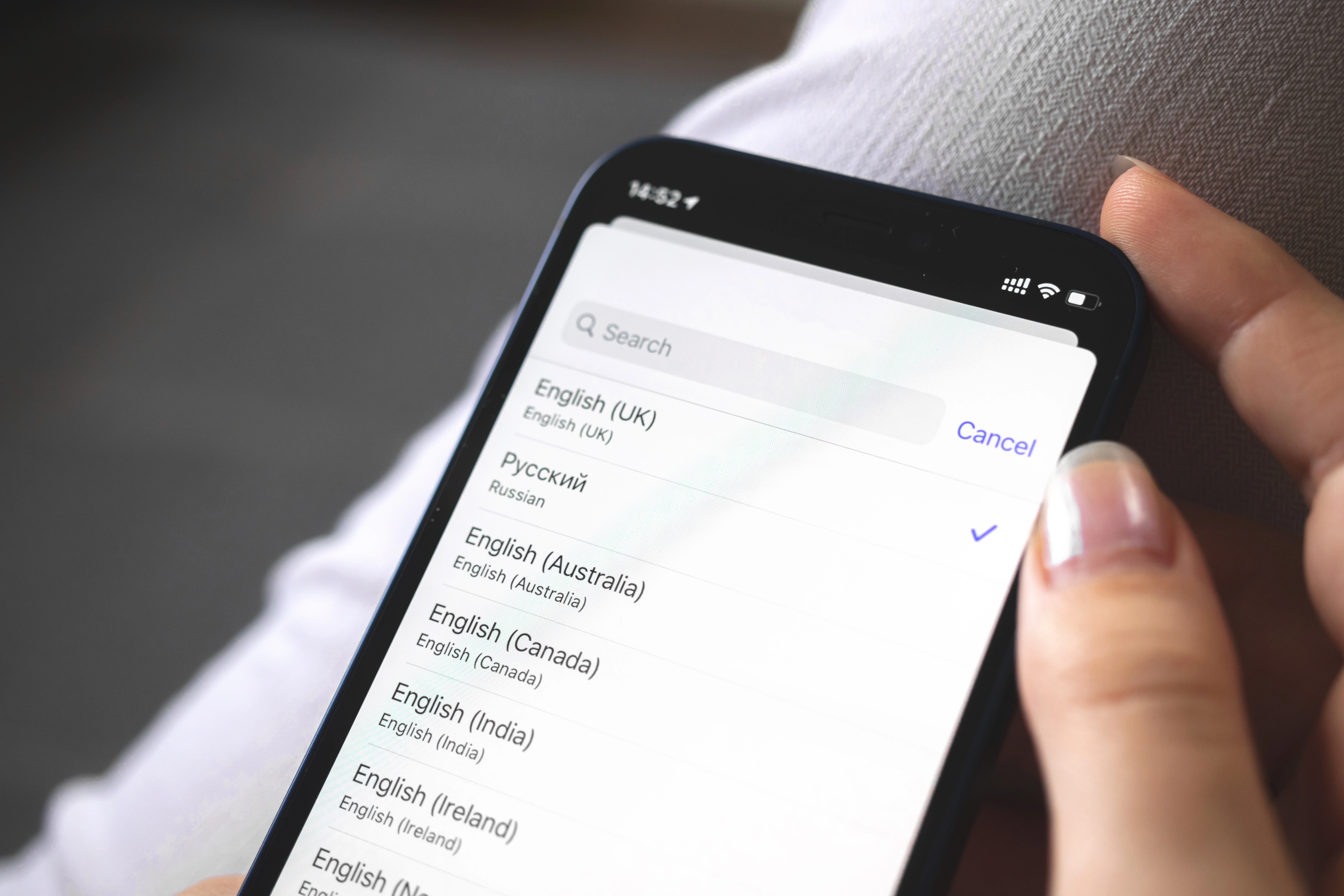 Phone screen displaying language selection options