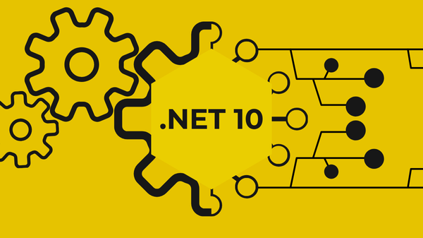 Turning gears on the left converting into digital threads on the right, with a central hexagon in the middle of the graphic featuring the words ".NET10"